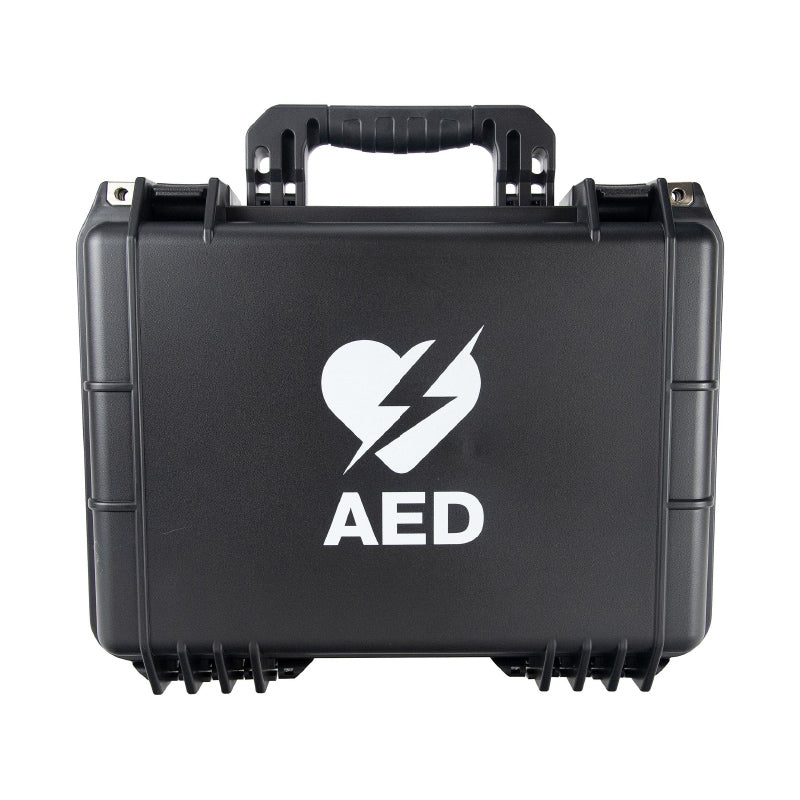 Black AED case with a heart and lightning bolt symbol on a white background