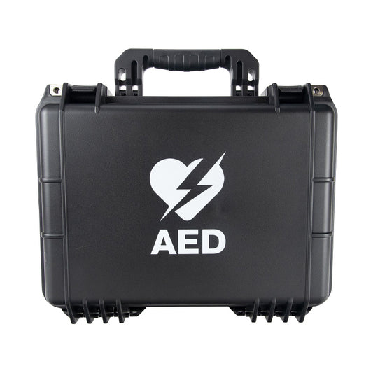 Black AED case with a heart and lightning bolt symbol on a white background